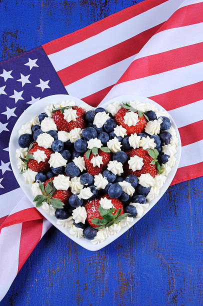 Patriotic red, white and blue berries with fresh whipped cream