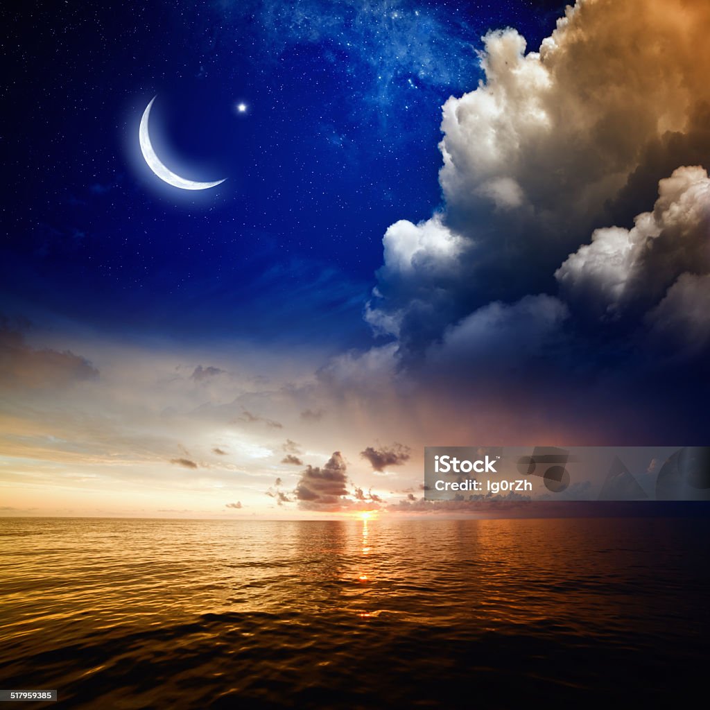 Sunset, sea and moon Moon, stars, sea. Elements of this image furnished by NASA Cloud - Sky Stock Photo