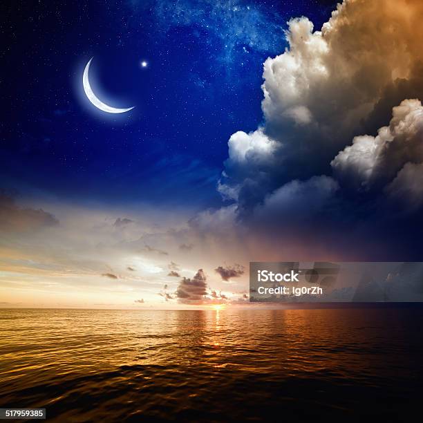 Sunset Sea And Moon Stock Photo - Download Image Now - Cloud - Sky, Crescent, Dark