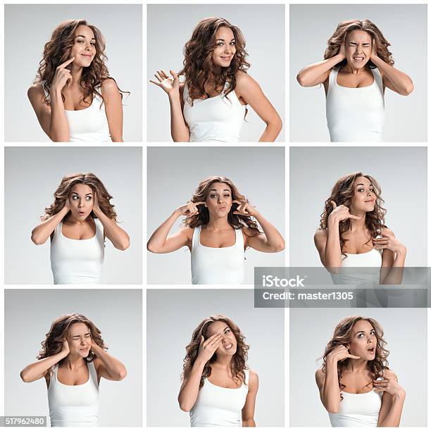 Set Of Young Womans Portraits With Different Happy Emotions Stock Photo - Download Image Now