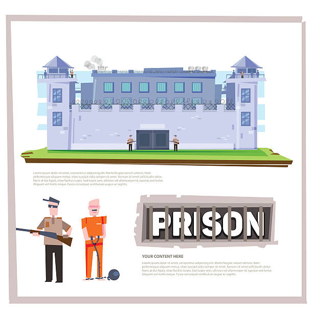 illustrazioni stock, clip art, cartoni animati e icone di tendenza di carcere carcere penitenziario edificio con prigioniero e ufficiale prigioniero. - lawbreaker