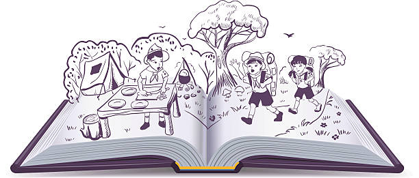 ilustrações de stock, clip art, desenhos animados e ícones de livro aberto. verão resto. olheiros no campo - camping campfire boy scout girl scout