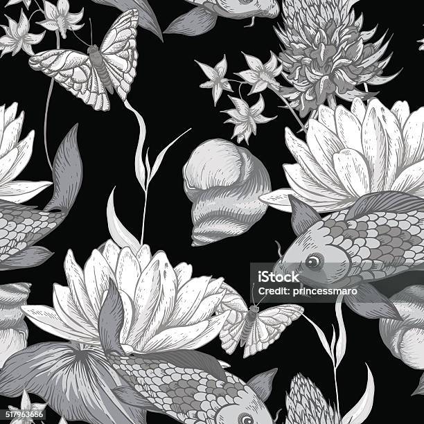 Vintage Pond Water Flowers Vector Seamless Pattern Stock Illustration - Download Image Now - Animal, Animal Wildlife, Backgrounds