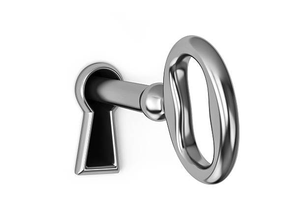 Key in keyhole Key in keyhole isolated on white, with clipping path. 3D rendering keyhole stock pictures, royalty-free photos & images