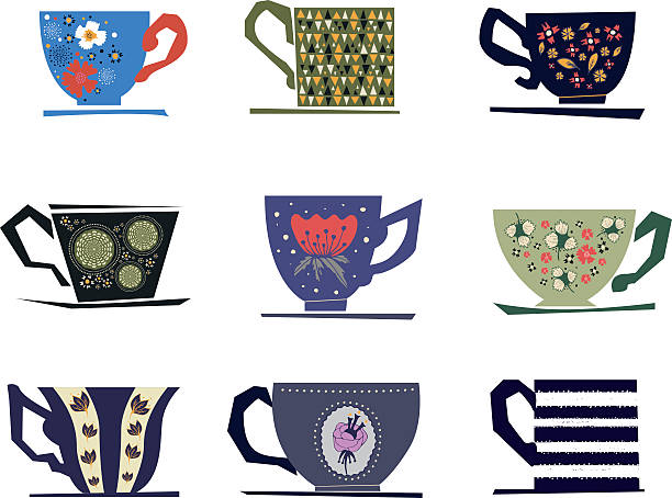 набор винтажных чашечками. - tea cup illustrations stock illustrations