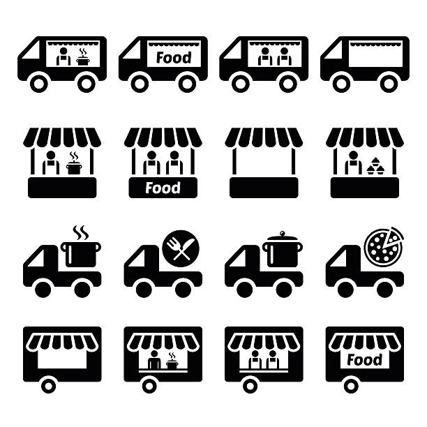 furgonetka-bufet, żywności stoją i żywności ikony ustaw przyczepy - vehicle trailer illustrations stock illustrations