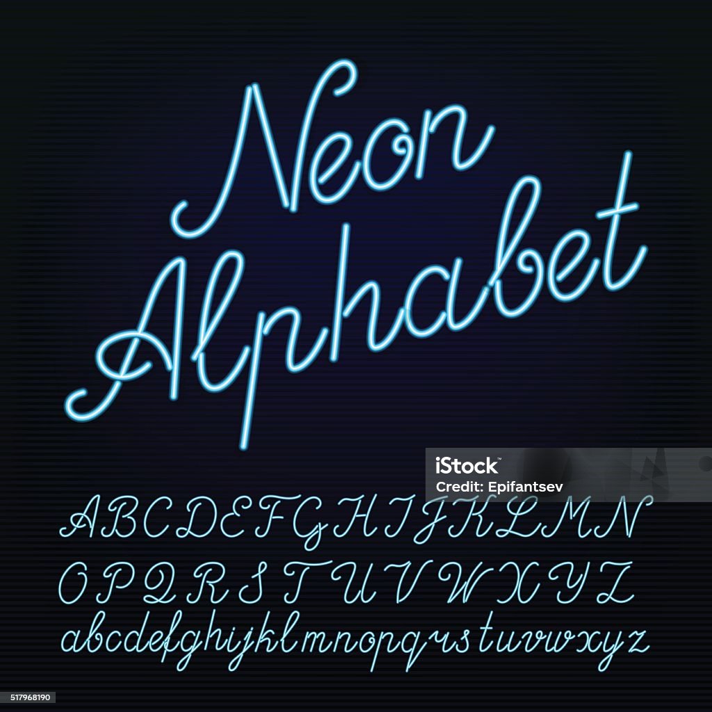 Neon tube hand drawn alphabet font Neon tube hand drawn alphabet font. Script type letters on a dark background. Vector typeface for labels, titles, posters etc. Neon Lighting stock vector