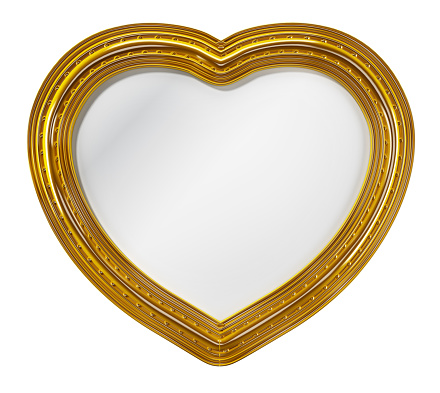 Mirror with heart shaped frame isolated on white.