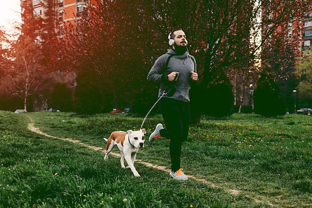 uomo fare jogging con il cane. - animals and pets arts and entertainment music foto e immagini stock