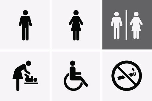 Restroom Icons: man, woman, wheelchair person symbol and baby changing, no smoking