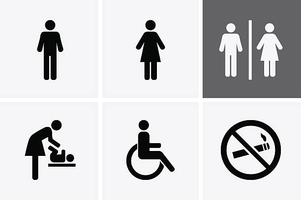 Restroom Icons Restroom Icons: man, woman, wheelchair person symbol and baby changing, no smoking bathroom symbols stock illustrations