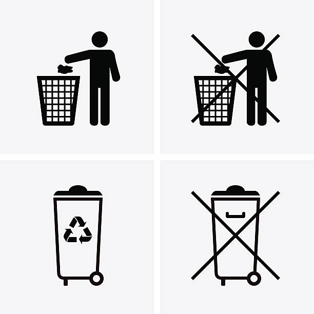 mülleimer symbole. abfall-recycling. nicht abfall. - müllbehälter stock-grafiken, -clipart, -cartoons und -symbole