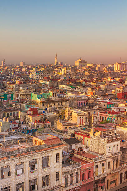 Sunlight falls over colourful buildings in city of Havana, Cuba