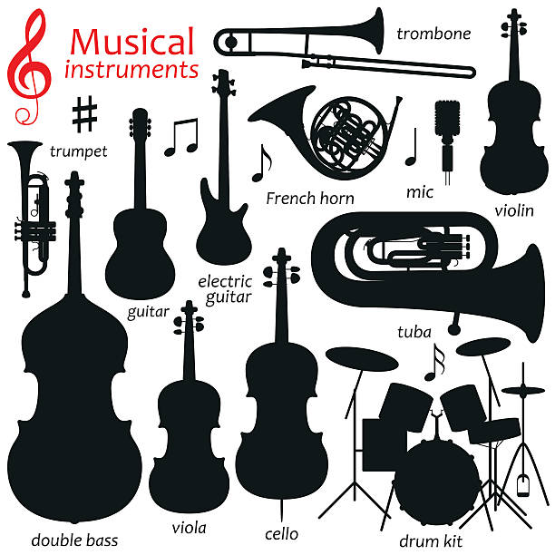 Music icon set.  Vector silhouette illustration Music icon set.  Vector silhouette illustration double bass stock illustrations