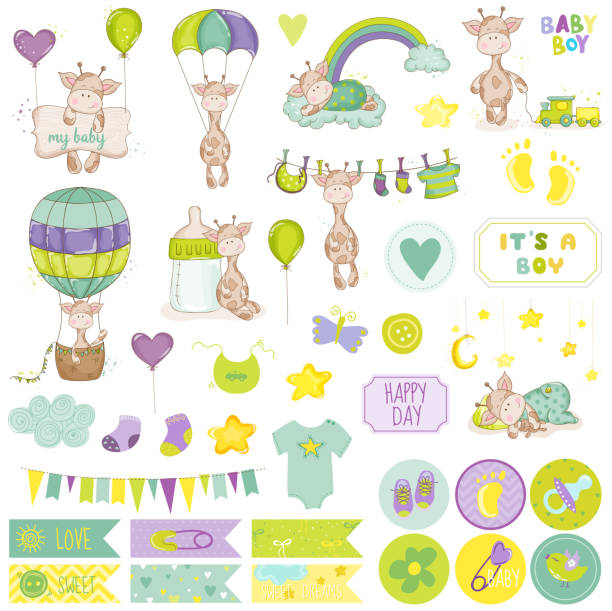 illustrazioni stock, clip art, cartoni animati e icone di tendenza di bambino giraffa album di ritagli impostare. elementi decorativi. bambino di etichette - backgrounds party birthday announcement message