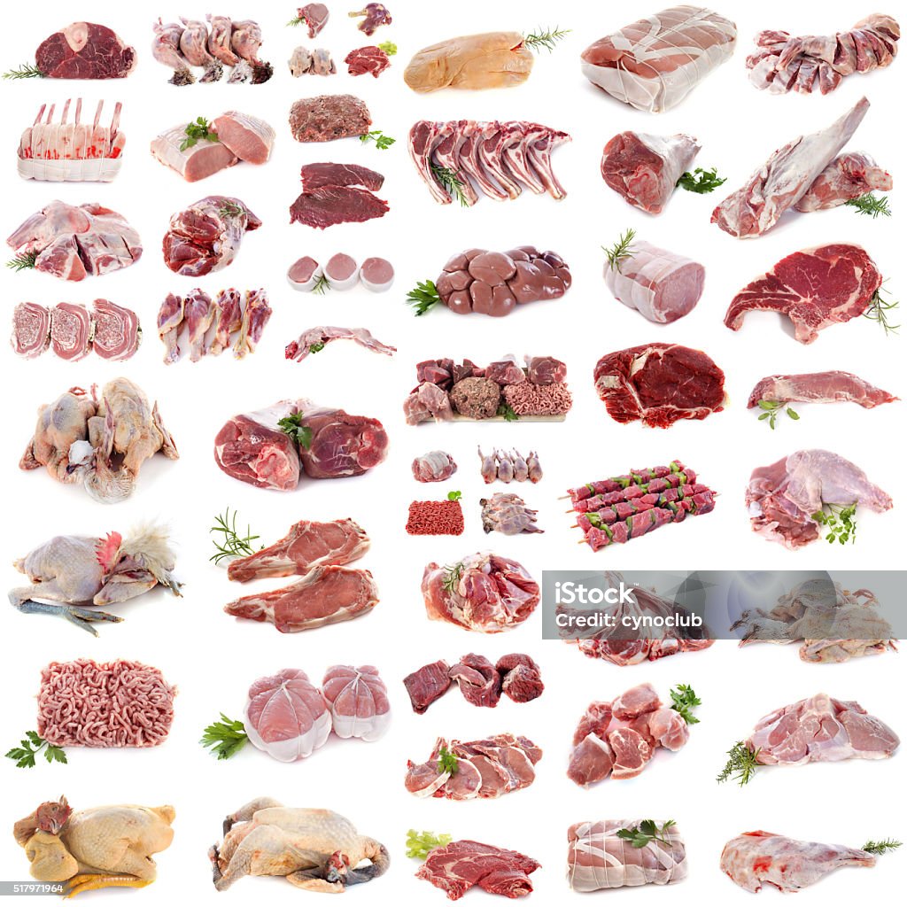 group of meat group of meat in front of white background Raw Food Stock Photo