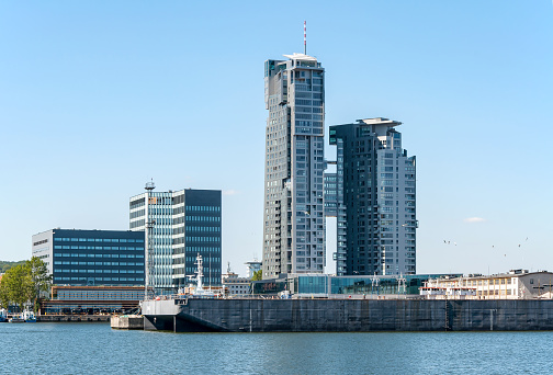 Gdynia, Poland, cityscape with the port wharf and modern buildings