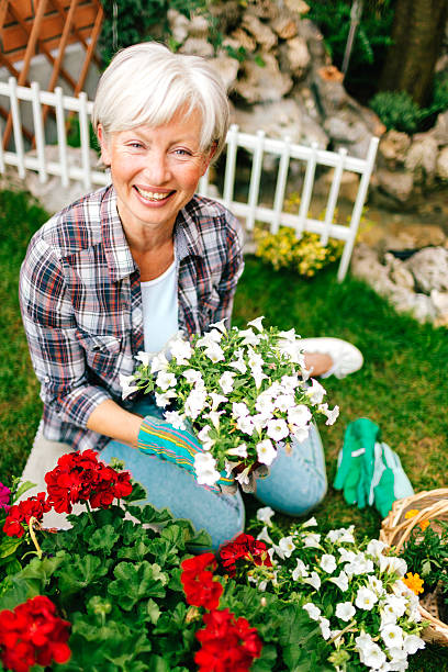 mulher madura plantação de flores em seu quintal. - planting clothing gray hair human age - fotografias e filmes do acervo