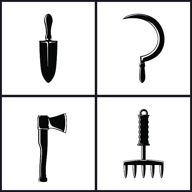Set of Garden and Landscaping Tools Icons Set of Garden and Landscaping Tools Icons , Icon Trowel , Icon Sickle , Icon Axe , Icon Hand Rake , Garden Equipment , Agricultural Tool  , Black and White Vector Illustration trowel gardening shovel gardening equipment stock illustrations