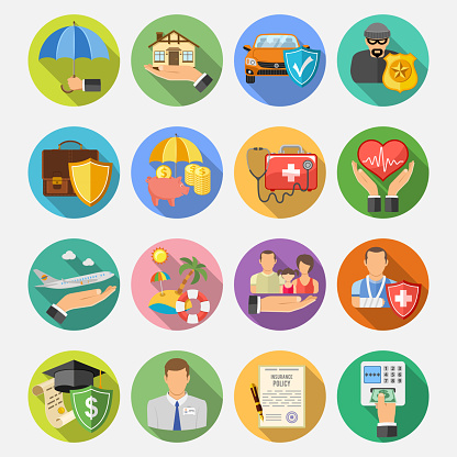 Insurance Round Flat Icons Set with Long Shadow for Poster, Web Site, Advertising like House, Car, Medical and Business .
