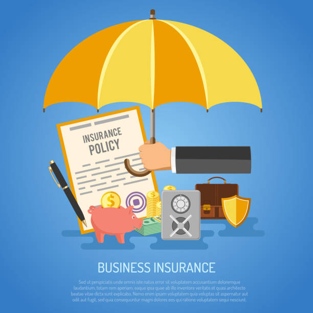 Business Insurance Concept Business Insurance Concept for Poster, Web Site, Advertising like Umbrella, Policy, Money and Briefcase. insurer stock illustrations