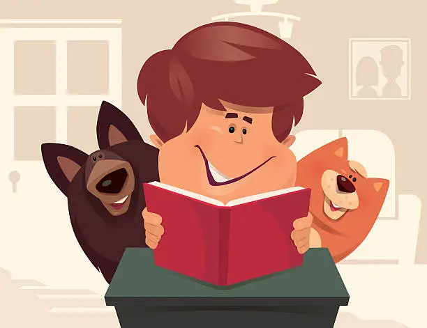 Vector illustration of kid reading with dog and cat
