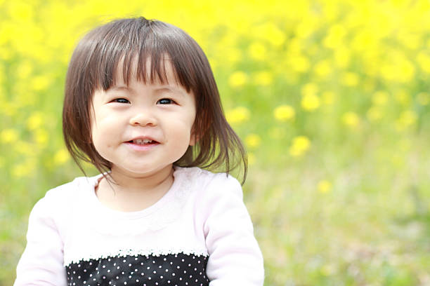 japonés (bebé niña de 1 año de edad) y amarillo campo de mostaza - mustard plant mustard field clear sky sky fotografías e imágenes de stock