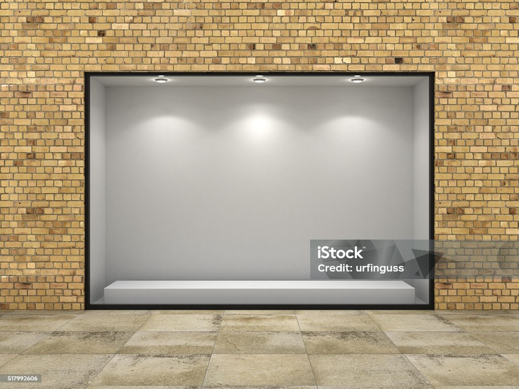 Empty ftorefront of shop in bricks wall. Store Window Stock Photo