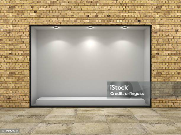 Empty Ftorefront Of Shop In Bricks Wall Stock Photo - Download Image Now - Store Window, Blank, No People