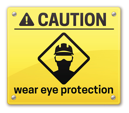 Wear eye protection caution sign. EPS 10 file. Transparency effects used on highlight elements.