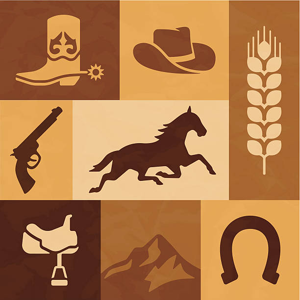 illustrations, cliparts, dessins animés et icônes de western cowboy et cheval éléments - ouest