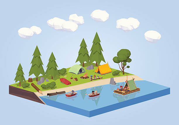 illustrazioni stock, clip art, cartoni animati e icone di tendenza di campeggio vicino fiume - wooden raft illustrations