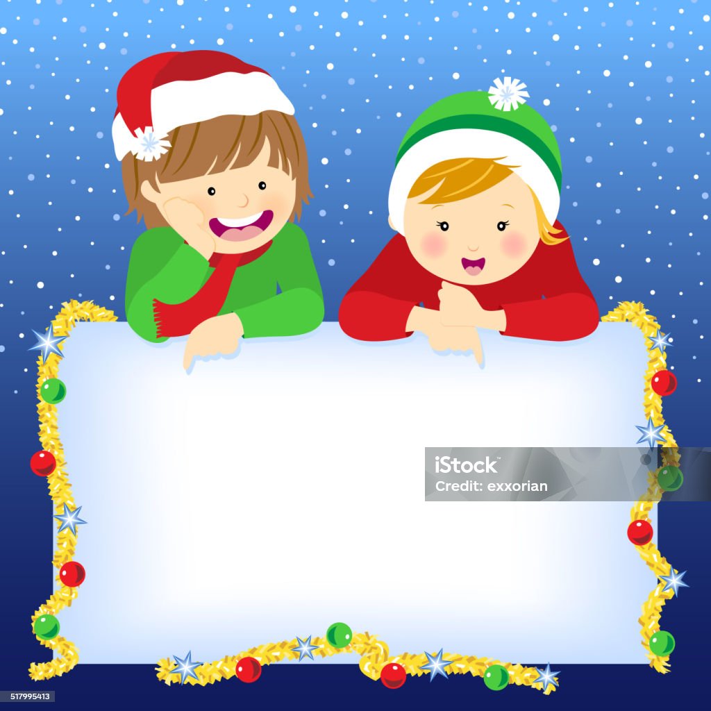 Christmas Kids Pointing at Signboard Christmas kids pointing at a copy space. Advertisement stock vector