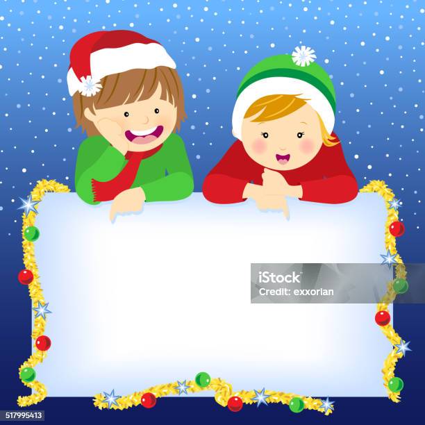Christmas Kids Pointing At Signboard Stock Illustration - Download Image Now - Advertisement, Announcement Message, Blank