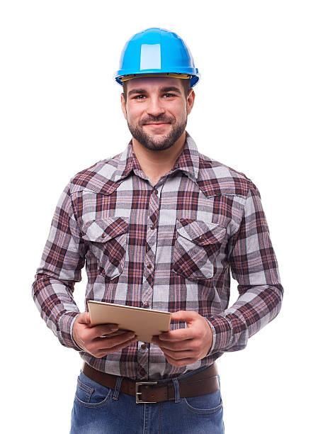 istock Manual worker in blue helmet with digital tablet 517995454