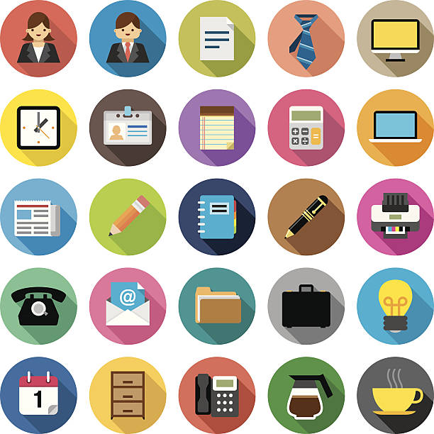 Flat Office & Business icons | Kalaful series Flat office and business icons with long shadows. flat calendar icon stock illustrations
