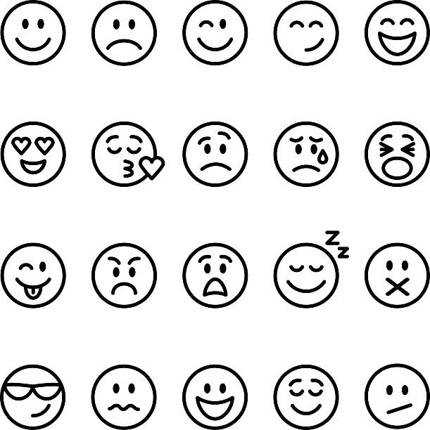 ilustraciones, imágenes clip art, dibujos animados e iconos de stock de conjunto de línea emoticons - smiley face smiling sign people