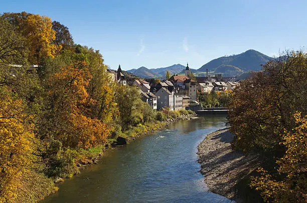 Autumn view over the river Ybbs and district Zell, Waidhofen an der Ybbs, Mostviertel region, Lower Austria, Austria, Europe