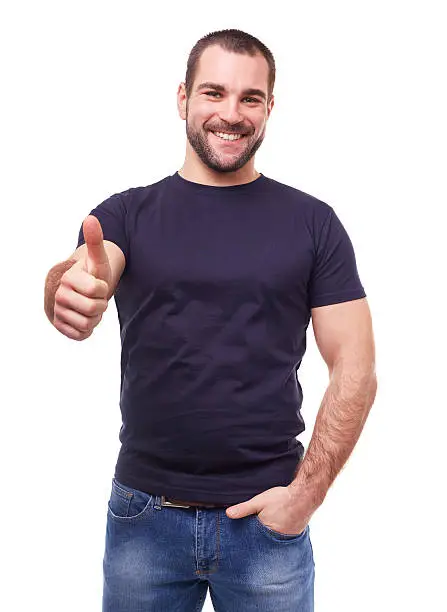 Happy man makes a gesture thumb up, portrait on white background