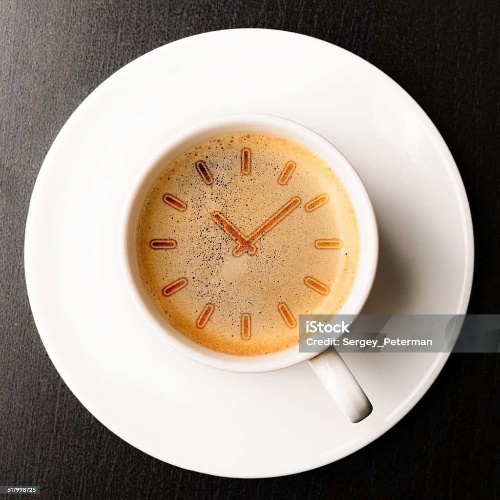 coffee time coffee time. cup of fresh espresso with clock sign, view from above Coffee - Drink Stock Photo