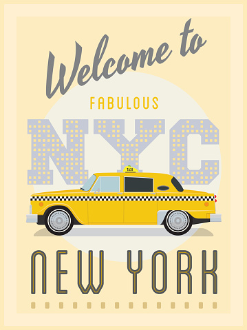 Vintage poster advertising New York with yellow taxi cab