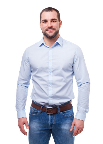 Young man in blue shirt isolated on white background