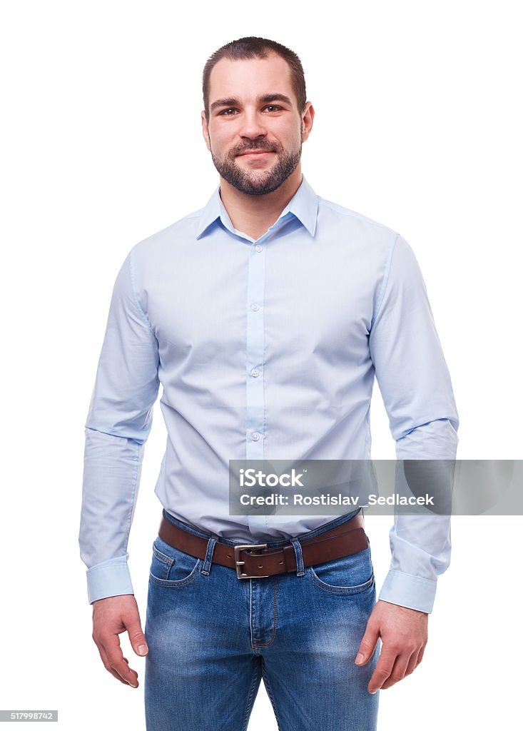 Man in blue shirt isolated on white Young man in blue shirt isolated on white background Button Down Shirt Stock Photo