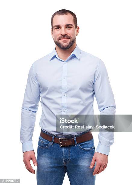 Man In Blue Shirt Isolated On White Stock Photo - Download Image Now - Button Down Shirt, Men, White People