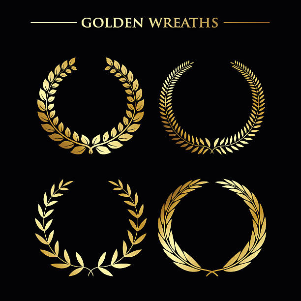 ilustraciones, imágenes clip art, dibujos animados e iconos de stock de conjunto de coronas de oro - laurel wreath bay tree wreath gold