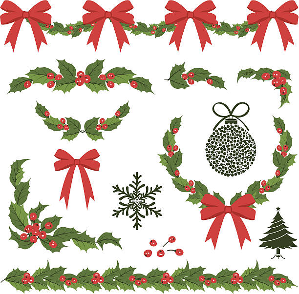 christmas holly dekorationen und ornamenten - christmas tree christmas holly holiday stock-grafiken, -clipart, -cartoons und -symbole