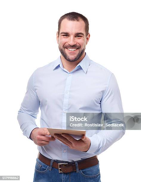 Businessman With Tablet Pc Stock Photo - Download Image Now - White Background, Men, Businessman