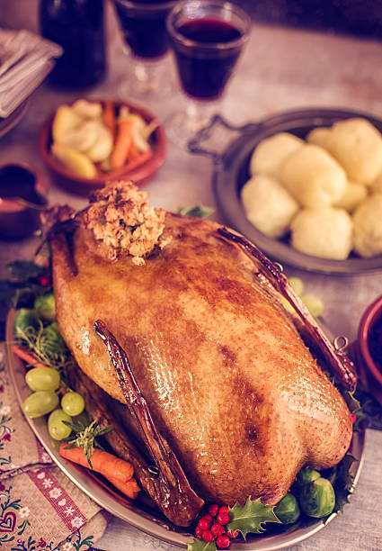 tradycyjnej kuchni niemieckiej wakacje goose obiad z kluskami i kapusta głowiasta czerwona - goose roasted goose meat spit roasted zdjęcia i obrazy z banku zdjęć