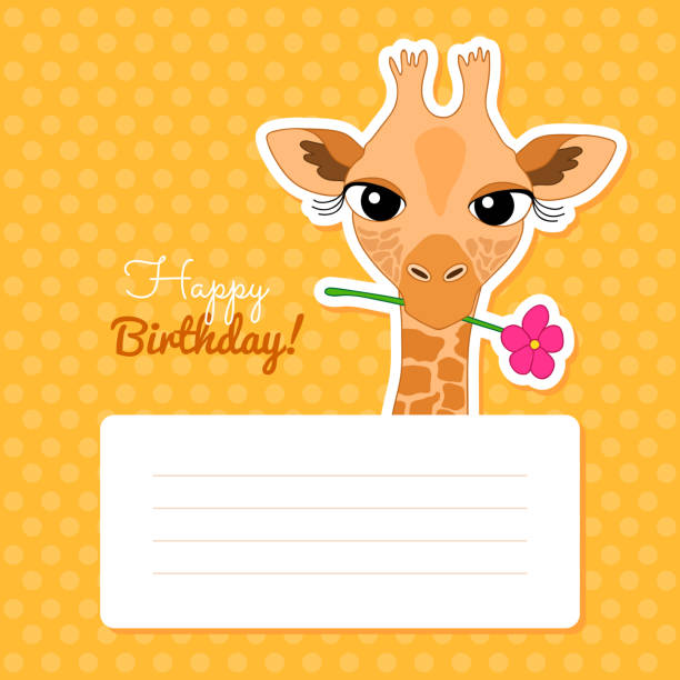 Happy Birthday Card with Cute Cartoon Giraffe Happy Birthday Card with Cute Cartoon Giraffe Holding a Flower. Vector Illustration giraffe calf stock illustrations