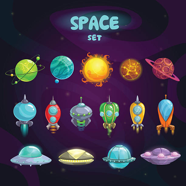 Space cartoon icons set Space cartoon icons set. Planets, rockets, ufo elements on cosmic background space invaders game stock illustrations